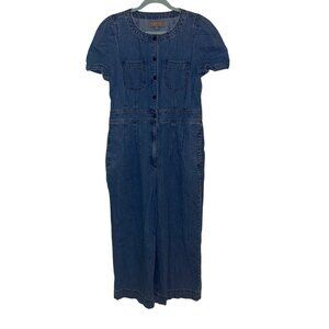 J Crew Point Sur Womens Jumpsuit Size 14 Blue Denim Cap Sleeve Wide Leg
